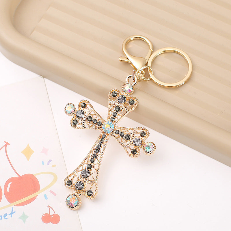 Rhinestone Cross Pendant Bag Keychain - Grey