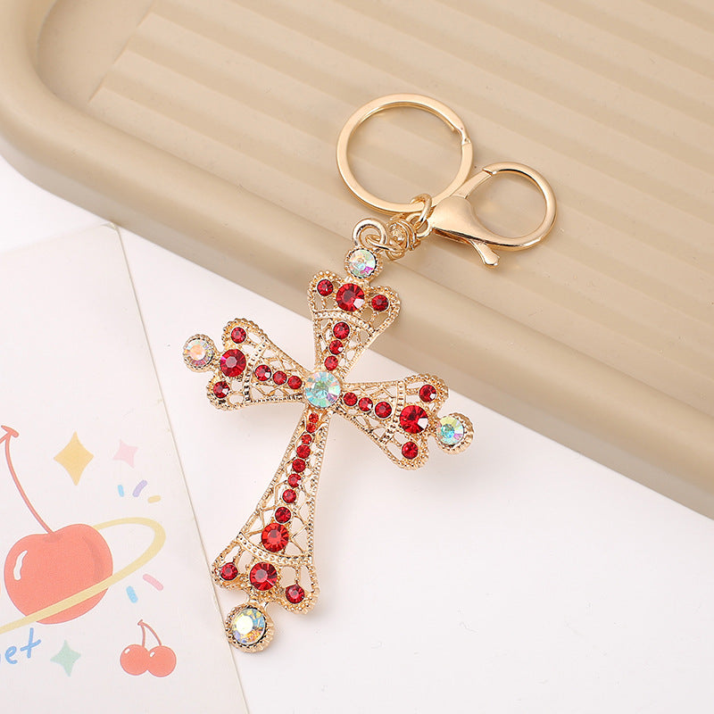 Rhinestone Cross Pendant Bag Keychain - Red