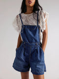 Pleated Denim Short Overalls With Tie Straps - DarkBlue
