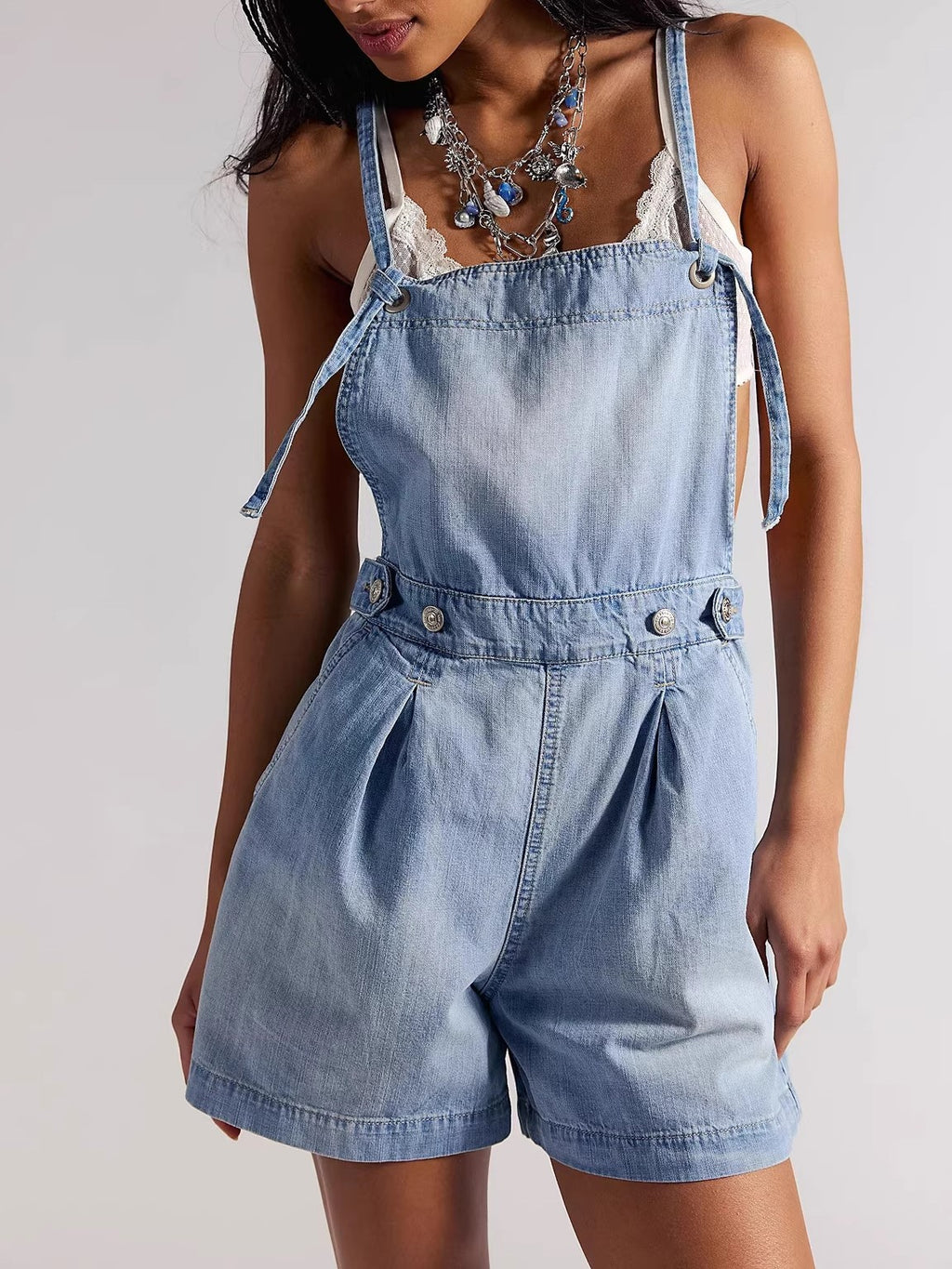 Pleated Denim Short Overalls With Tie Straps - LightBlue