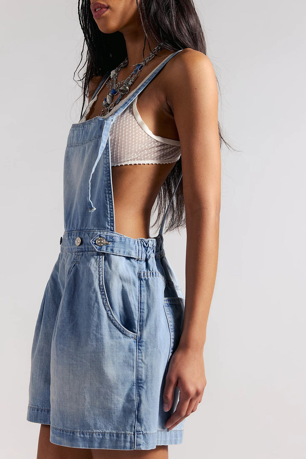 Pleated Denim Short Overalls With Tie Straps