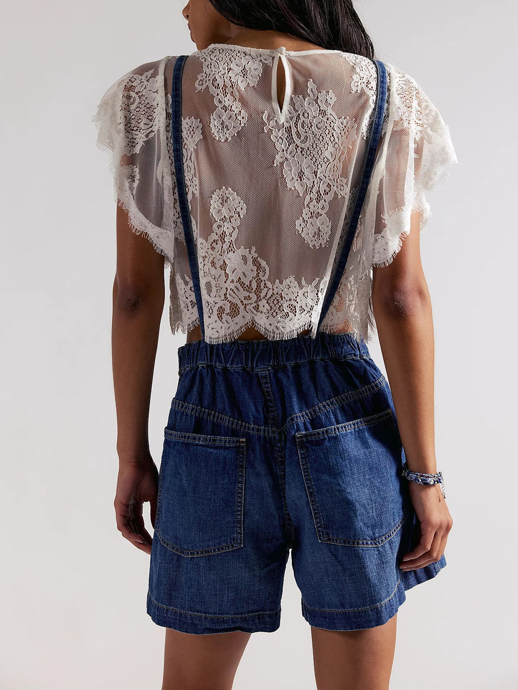 Pleated Denim Short Overalls With Tie Straps - view 1
