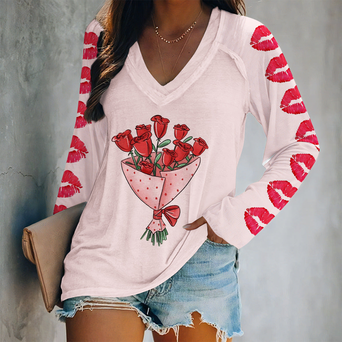Valentine Heart Print Long Sleeve Top - Color_01