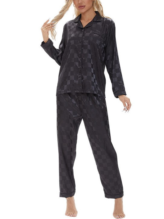 Checkerboard Satin Long Sleeve Pajama Set - Black