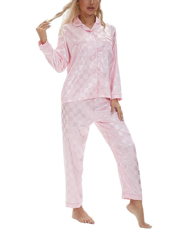 Checkerboard Satin Long Sleeve Pajama Set - Pink