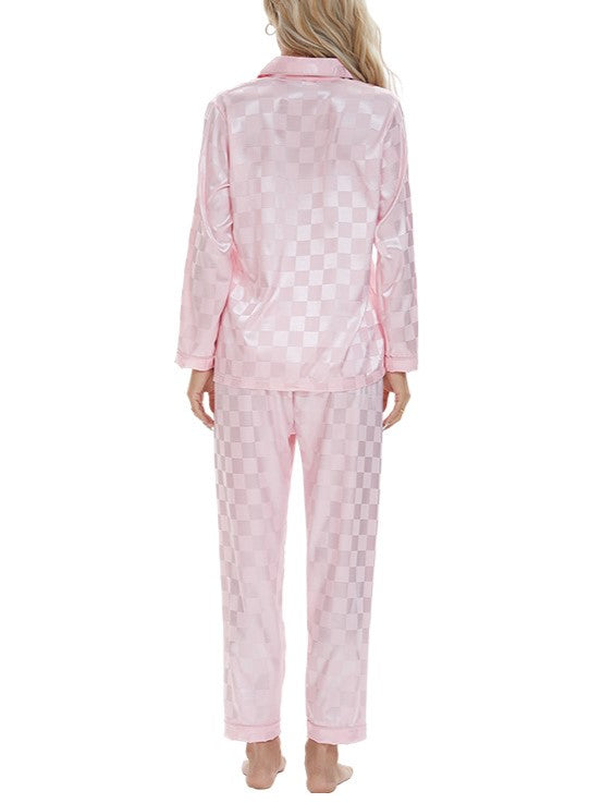 Checkerboard Satin Long Sleeve Pajama Set - Pink - 1