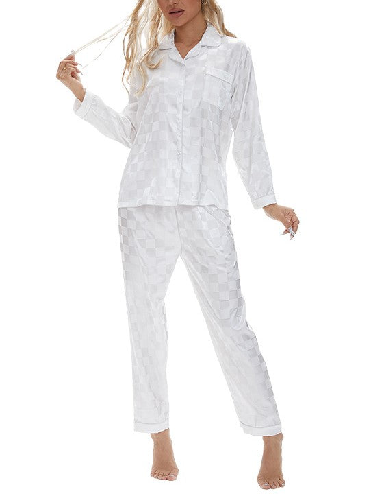 Checkerboard Satin Long Sleeve Pajama Set - White