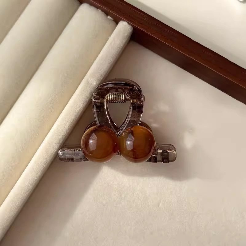 Glossy Cherry Bead Mini Hair Claw Clip - Coffee