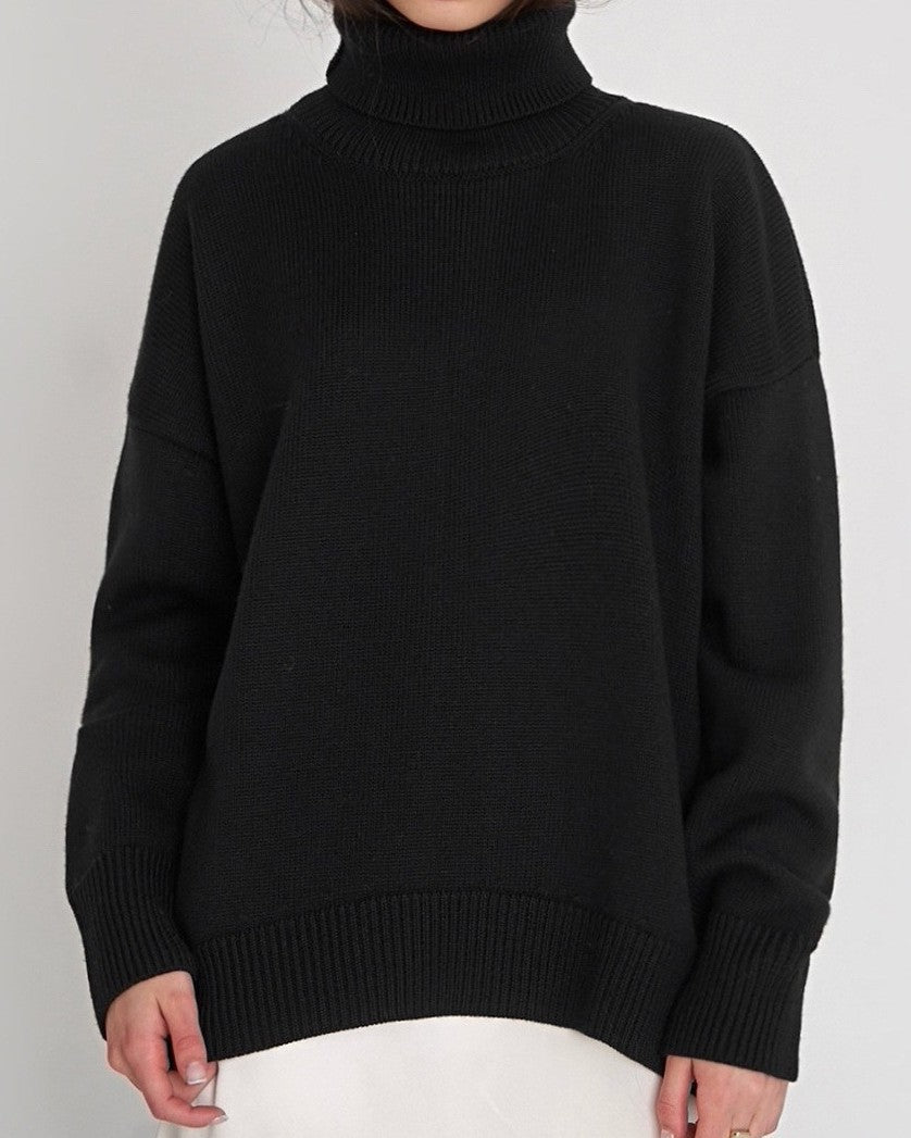 Oversized Chunky Turtleneck Pullover Sweater - Black