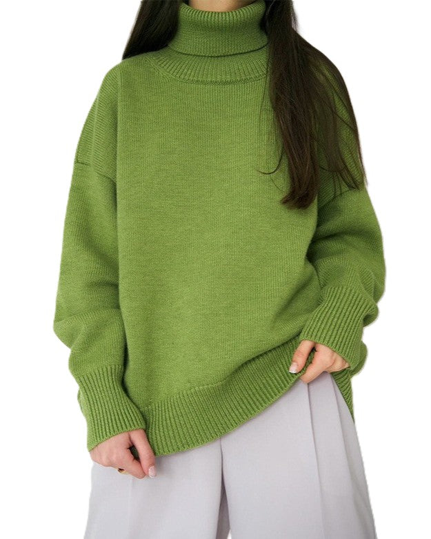 Oversized Chunky Turtleneck Pullover Sweater - Green