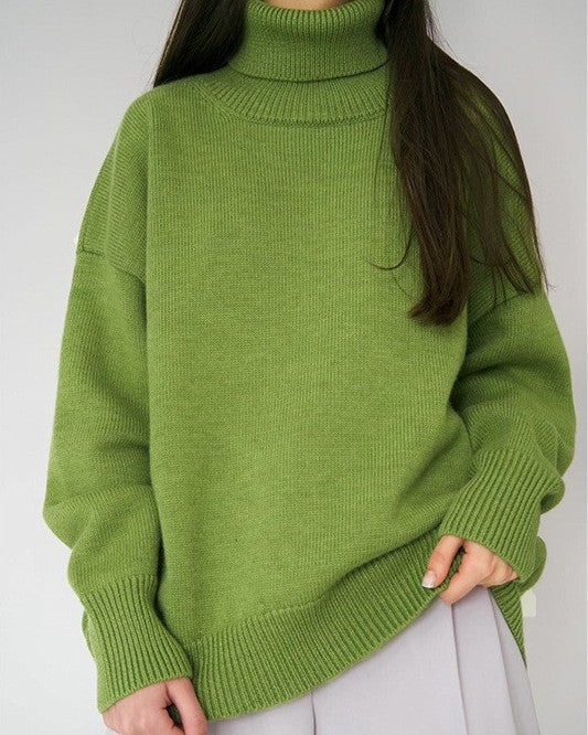 Oversized Chunky Turtleneck Pullover Sweater - Green - 1