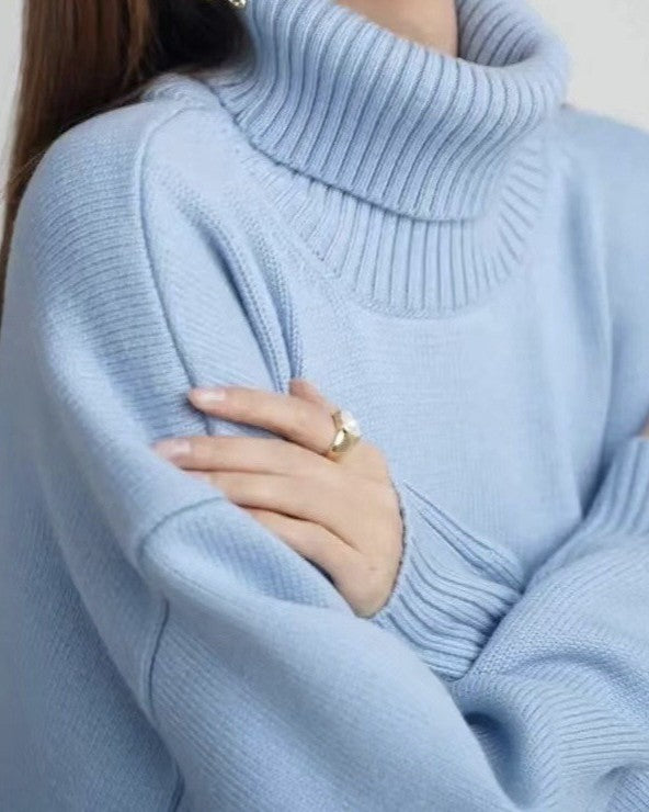 Oversized Chunky Turtleneck Pullover Sweater - Light-Blue