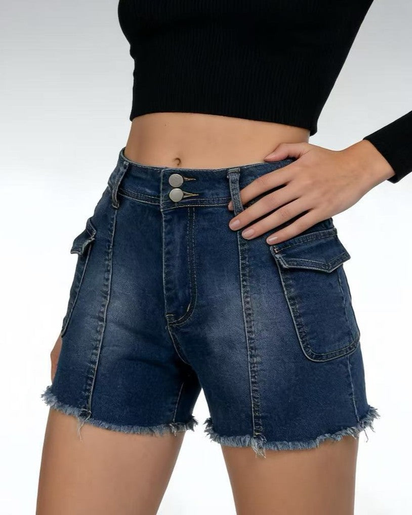 Cargo Pocket Denim Shorts With Frayed Hem - Blue - 1