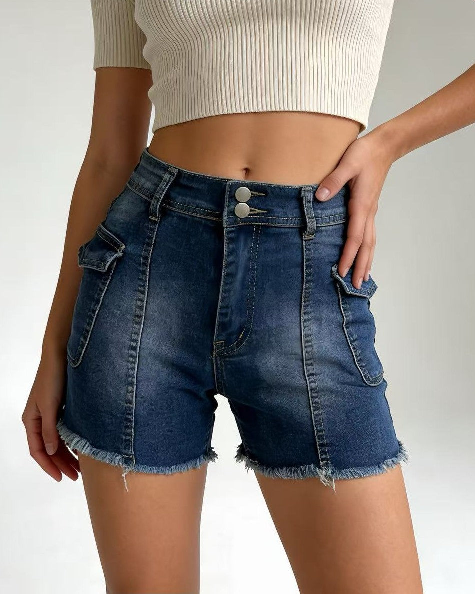 Cargo Pocket Denim Shorts With Frayed Hem - Blue - 2