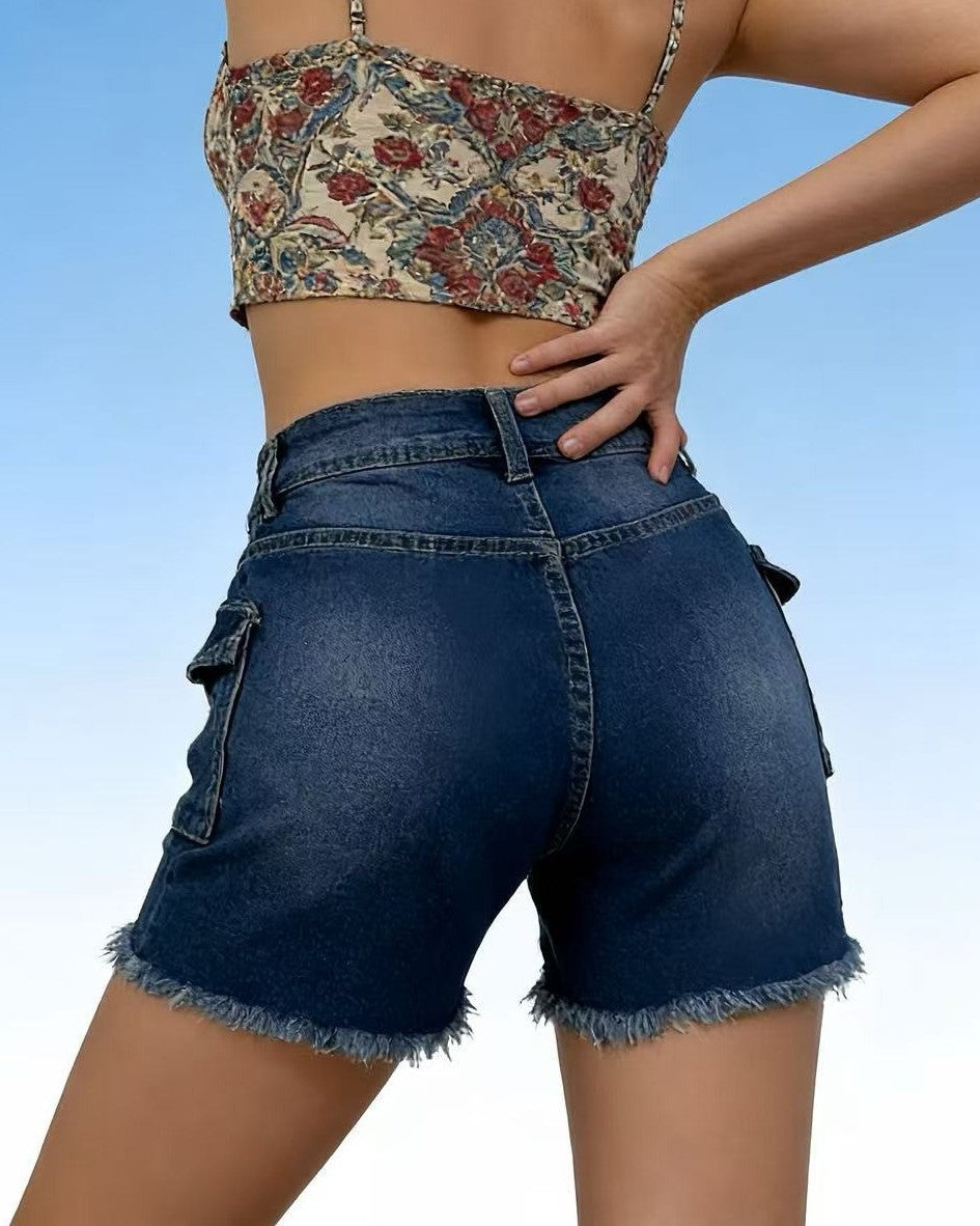 Cargo Pocket Denim Shorts With Frayed Hem - Blue - 3