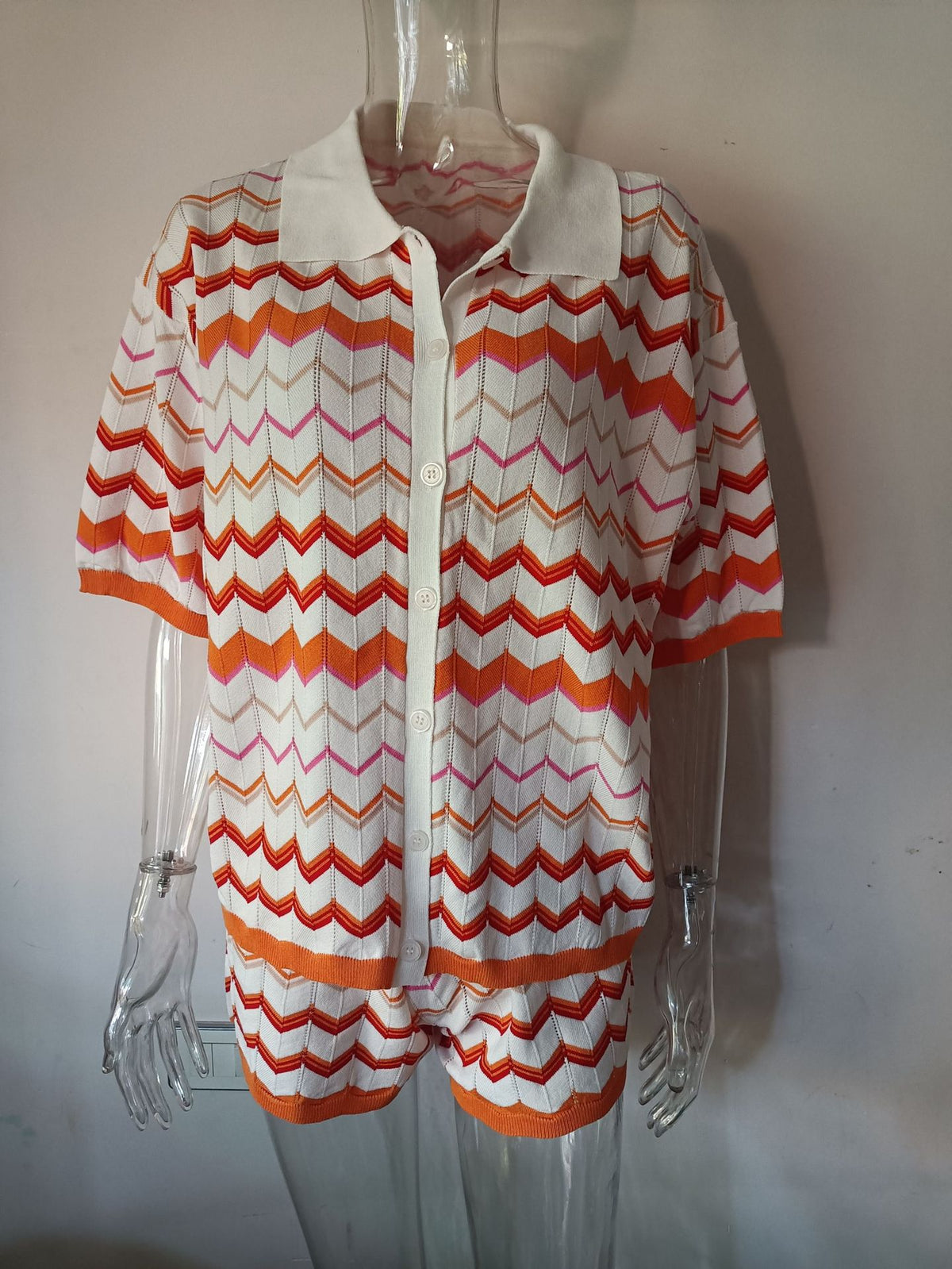 Zigzag Knit Camp Shirt and Shorts Set - Orange - 1