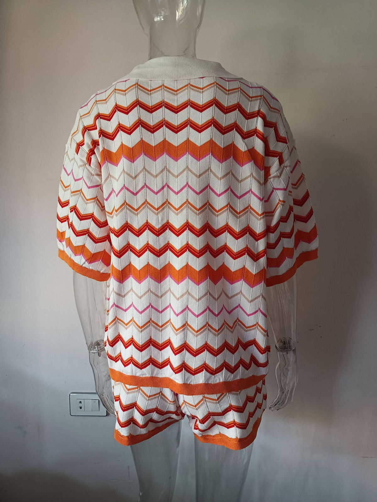 Zigzag Knit Camp Shirt and Shorts Set - Orange - 2