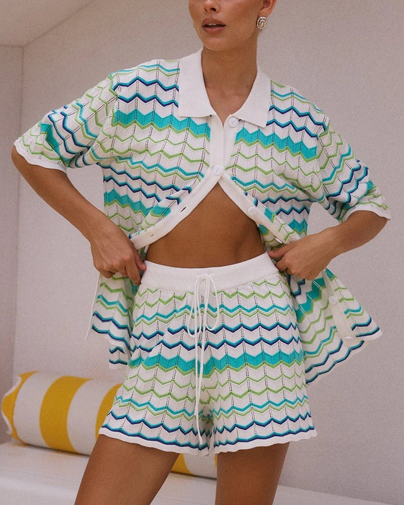 Zigzag Knit Camp Shirt and Shorts Set - SkyBlue - 1