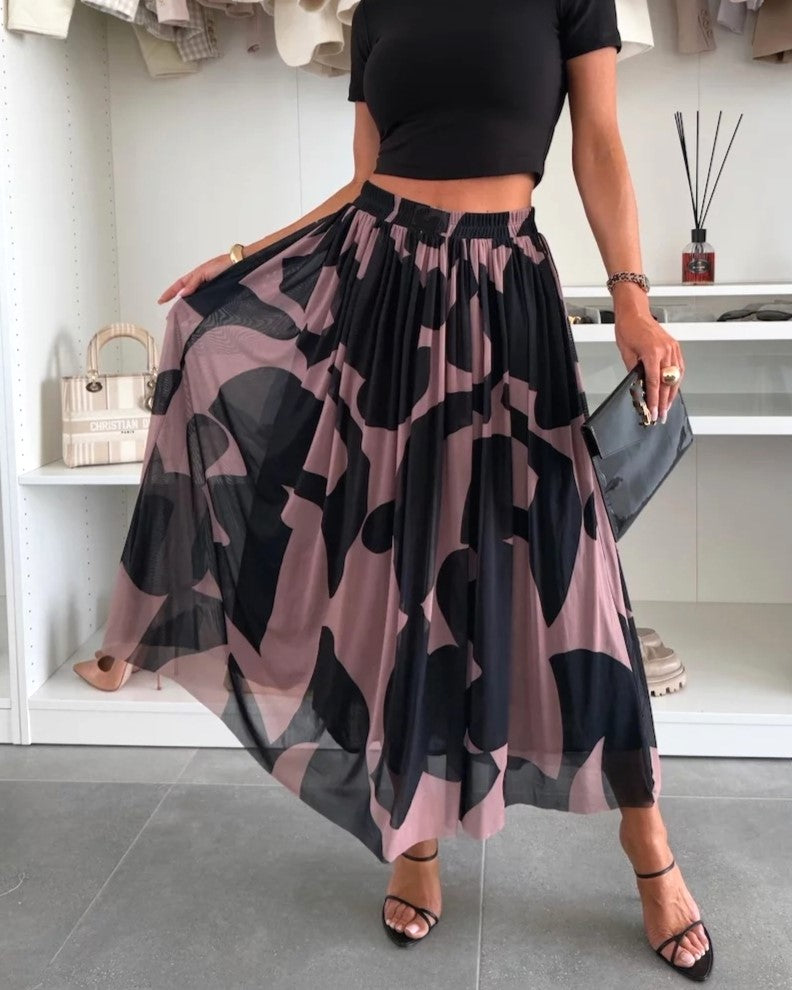 Abstract Print Pleated Tulle Midi Skirt - Black_C