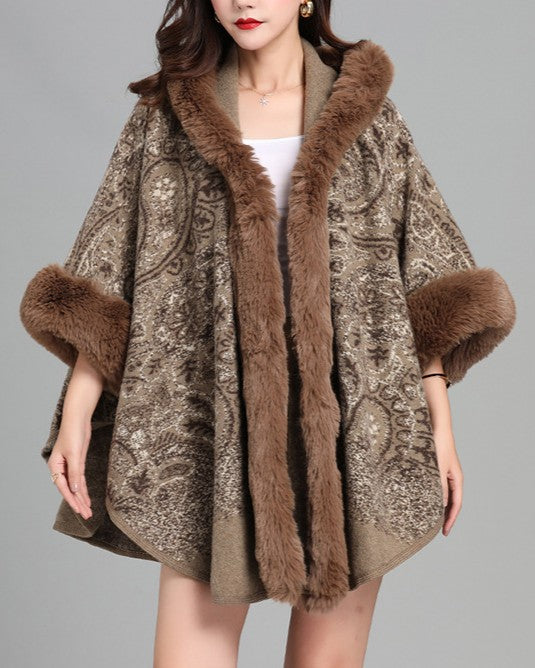 Hooded Paisley Cape Shawl With Fur Trim - Khaki