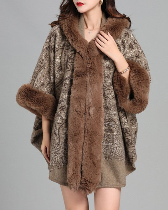 Hooded Paisley Cape Shawl With Fur Trim - Khaki - 1