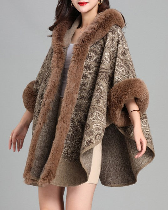 Hooded Paisley Cape Shawl With Fur Trim - Khaki - 2