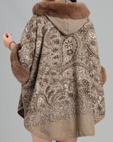 Hooded Paisley Cape Shawl With Fur Trim - Khaki - 3