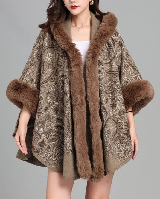 Hooded Paisley Cape Shawl With Fur Trim