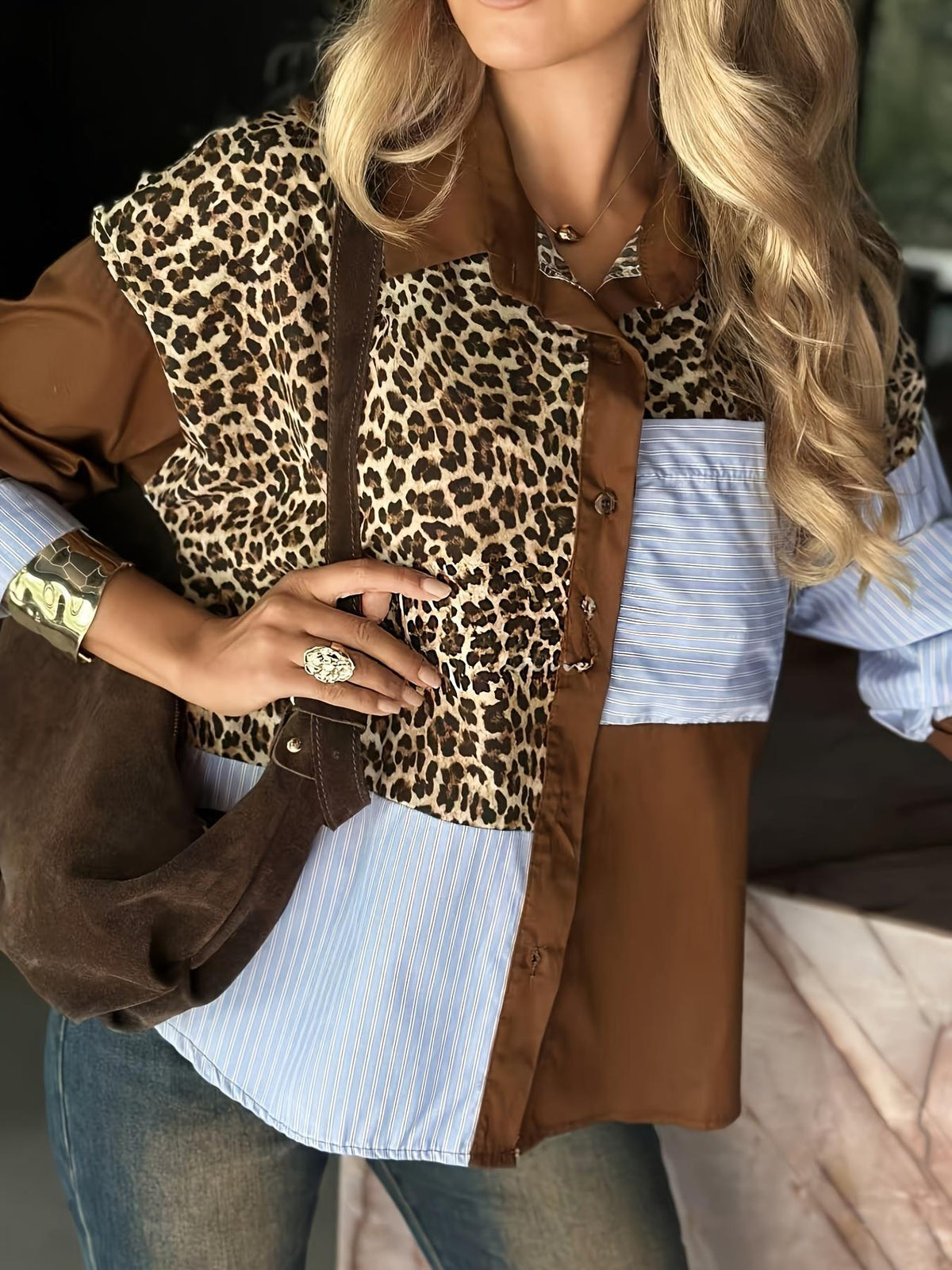 Animal Print Patchwork Button Down Shirt - Brown