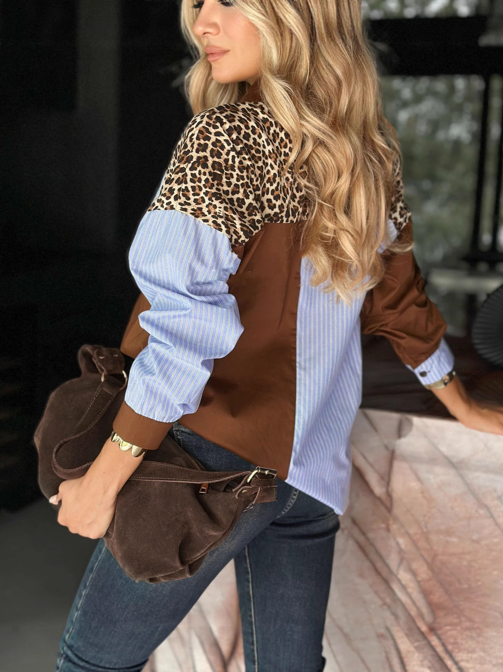 Animal Print Patchwork Button Down Shirt - Brown - 3