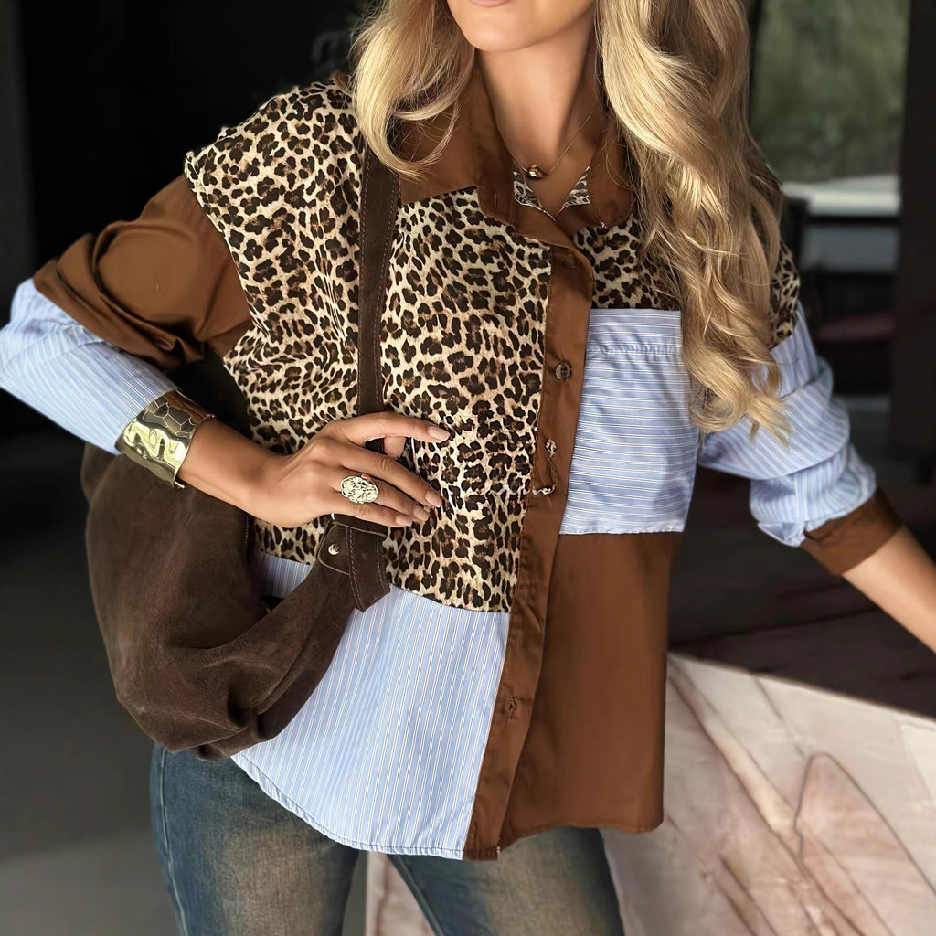 Animal Print Patchwork Button Down Shirt - Brown - 4