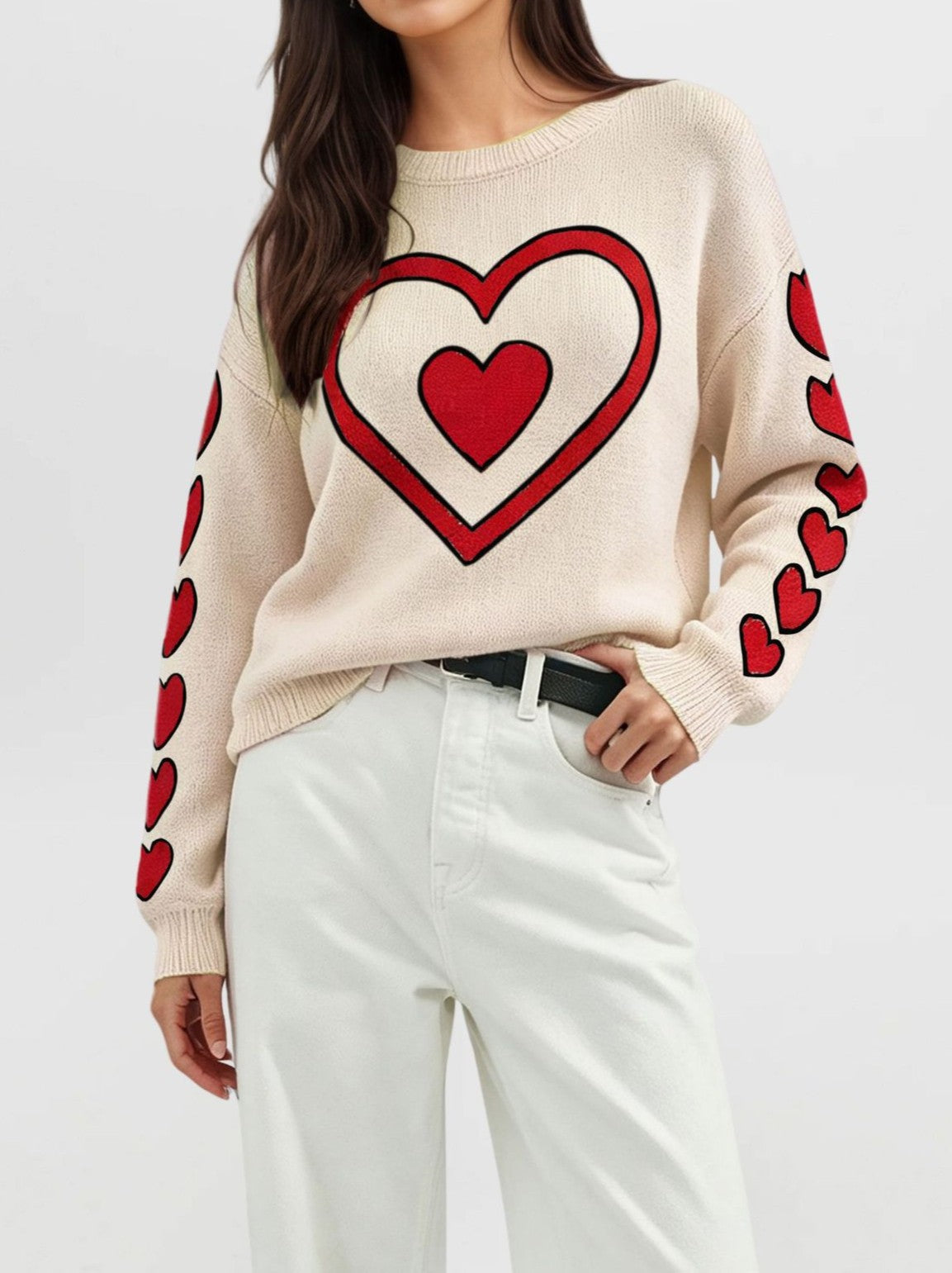 Heart And Bow Intarsia Knit Sweater - Apricot-1