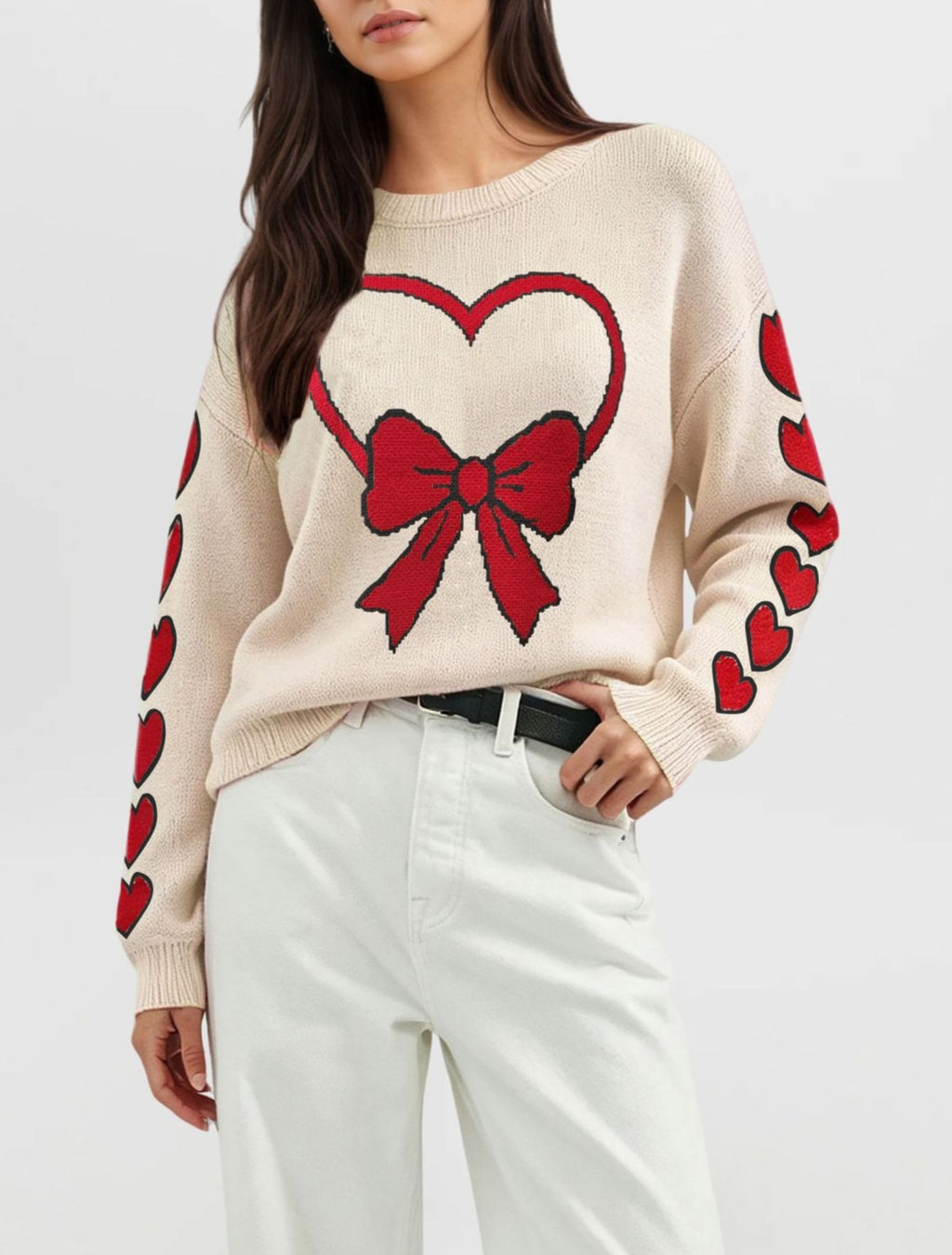 Heart And Bow Intarsia Knit Sweater - Apricot-2