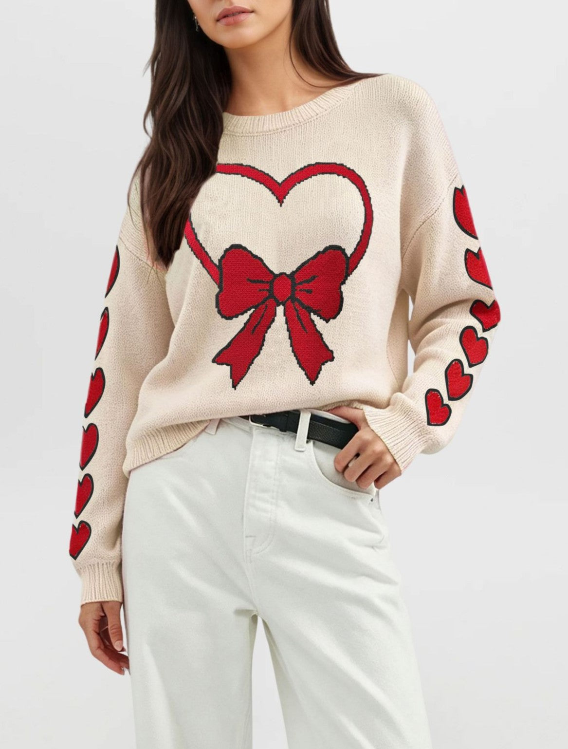 Heart And Bow Intarsia Knit Sweater - Apricot-2