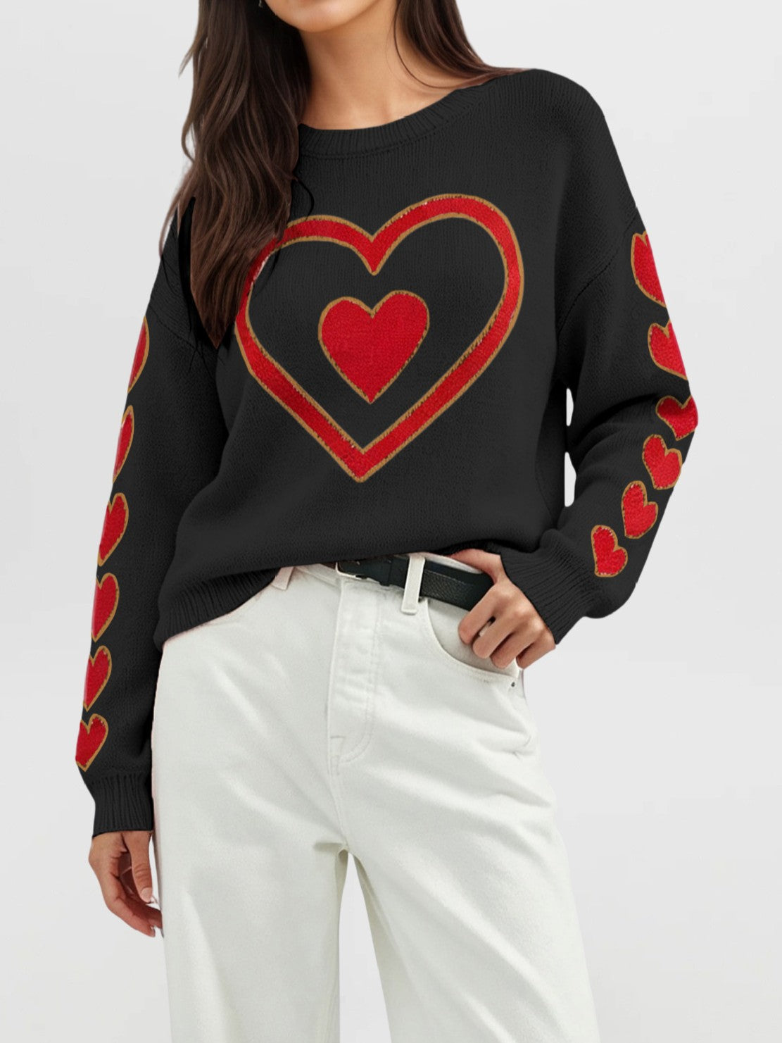 Heart And Bow Intarsia Knit Sweater - Black-1