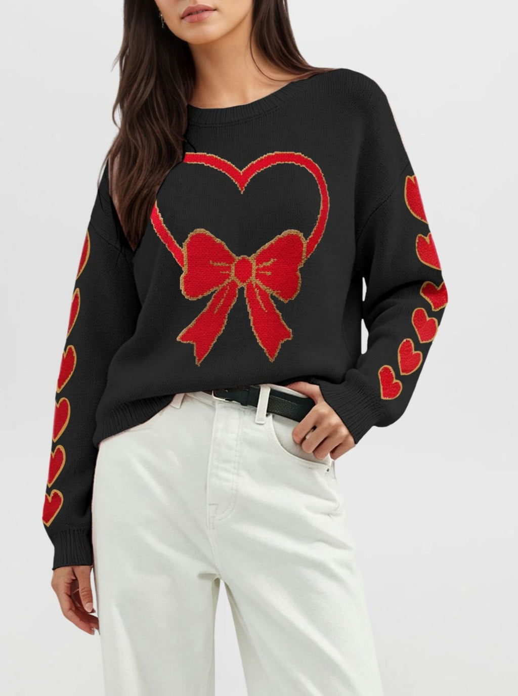 Heart And Bow Intarsia Knit Sweater - Black-2