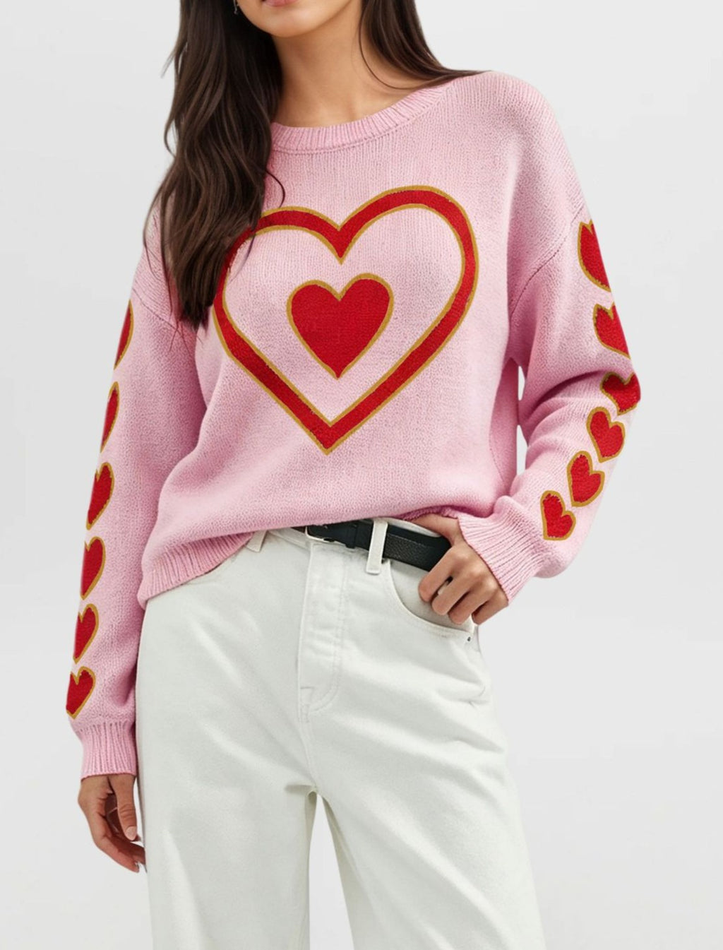 Heart And Bow Intarsia Knit Sweater - Pink-1