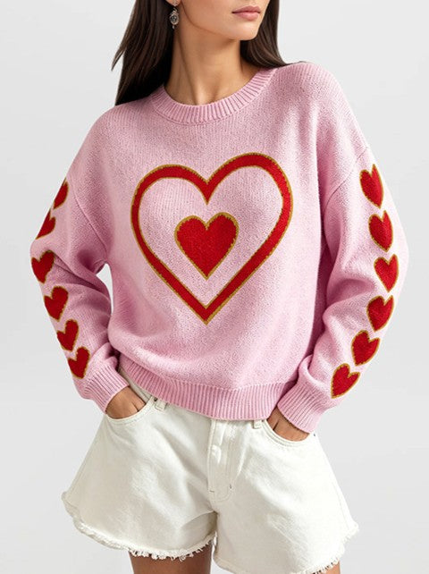 Heart And Bow Intarsia Knit Sweater - Pink-1 - 1