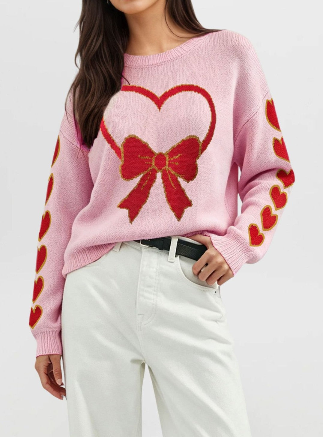 Heart And Bow Intarsia Knit Sweater - Pink-2