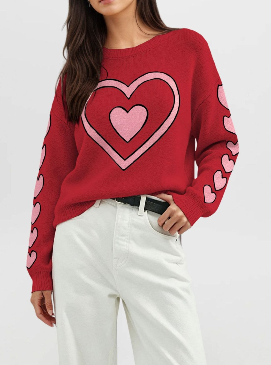 Heart And Bow Intarsia Knit Sweater - Red-1