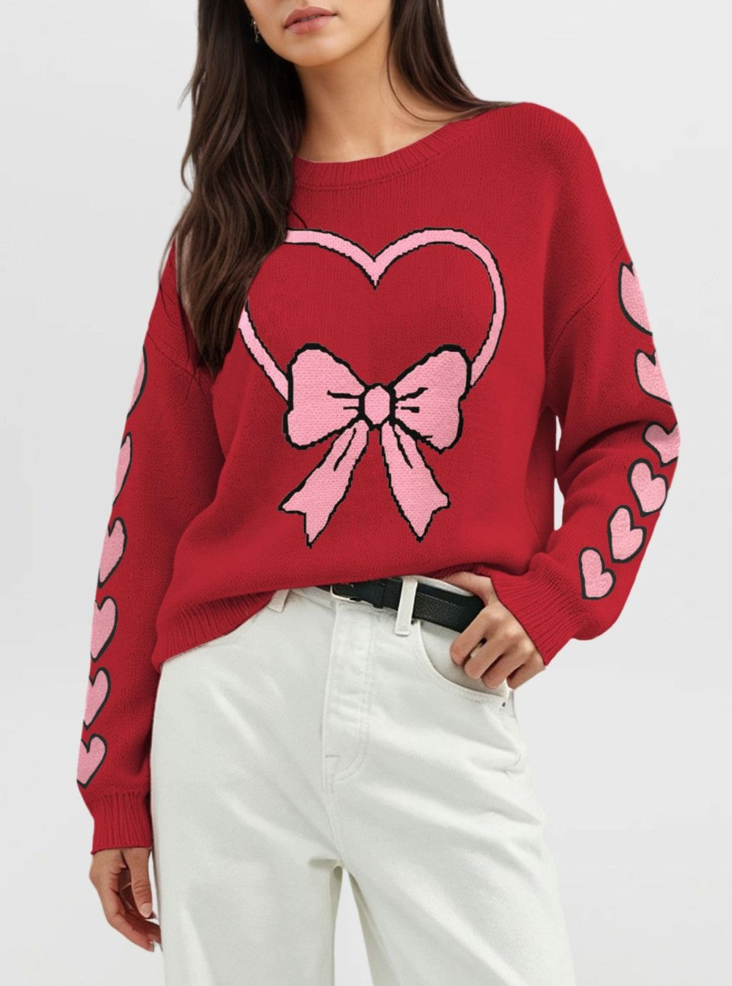 Heart And Bow Intarsia Knit Sweater - Red-2