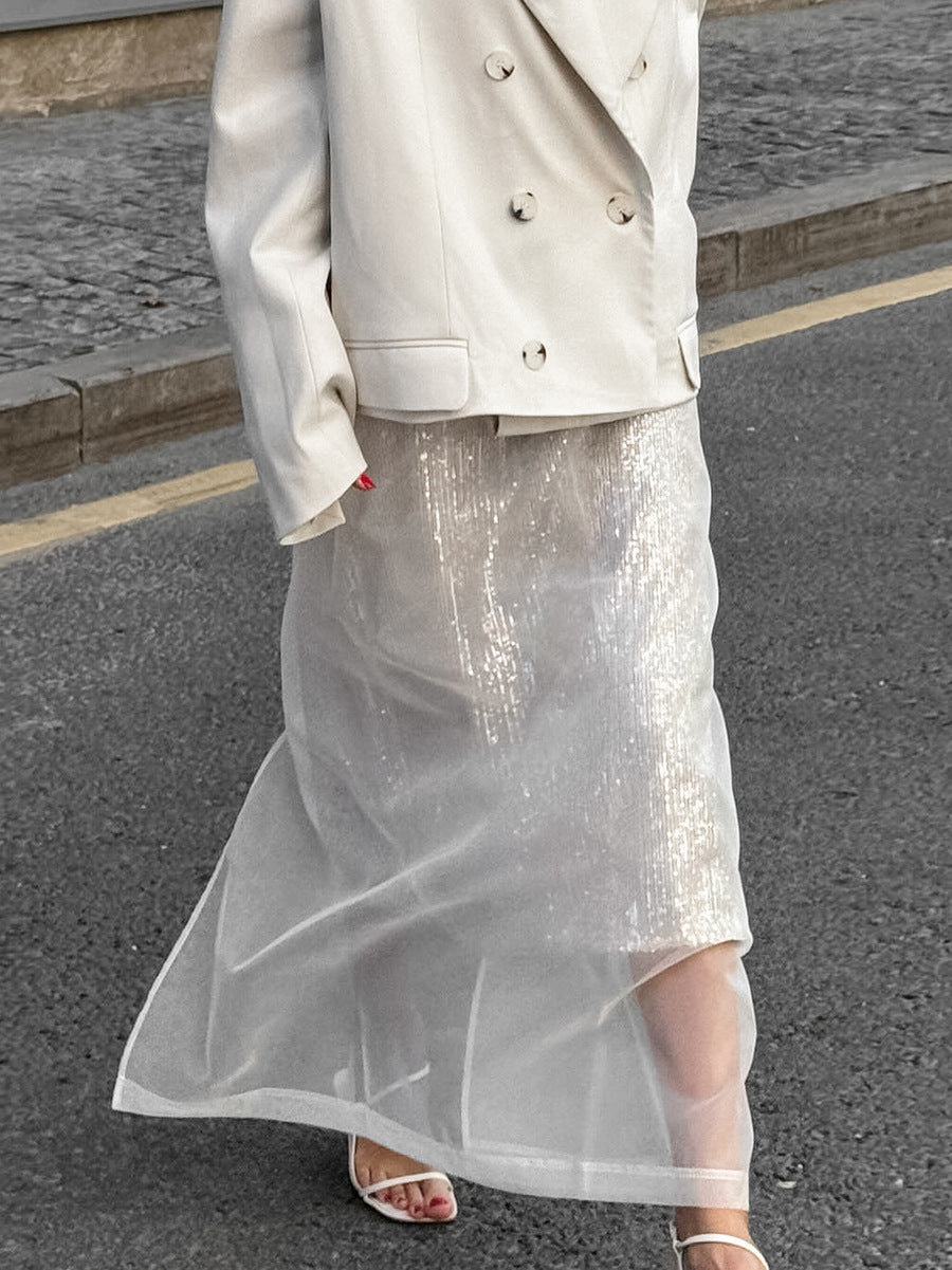 Sheer Organza Panel Midi Skirt - White