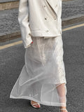 Sheer Organza Panel Midi Skirt - White