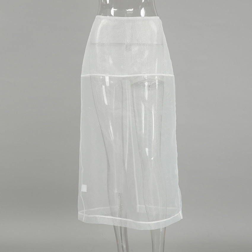 Sheer Organza Panel Midi Skirt - White - 1