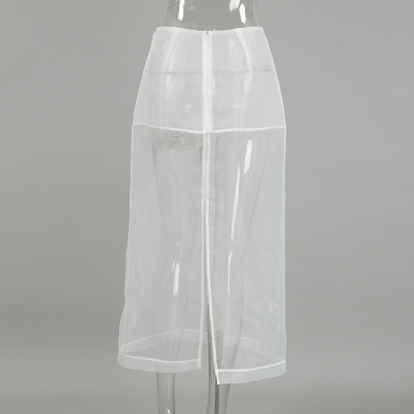 Sheer Organza Panel Midi Skirt - White - 2