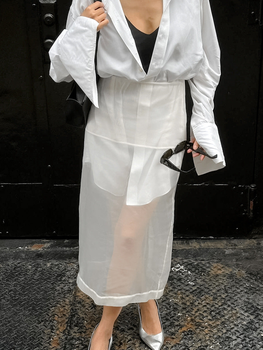 Sheer Organza Panel Midi Skirt - White - 7
