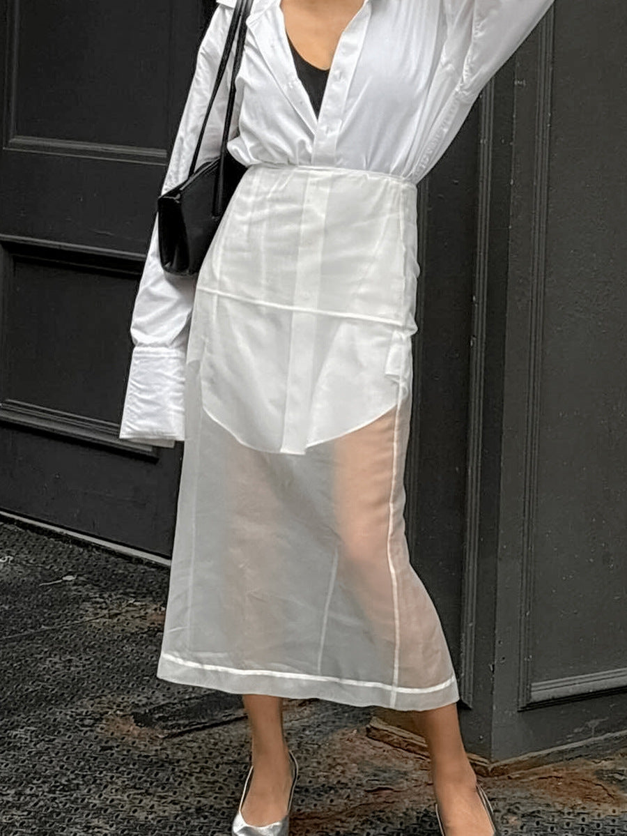 Sheer Organza Panel Midi Skirt - White - 8