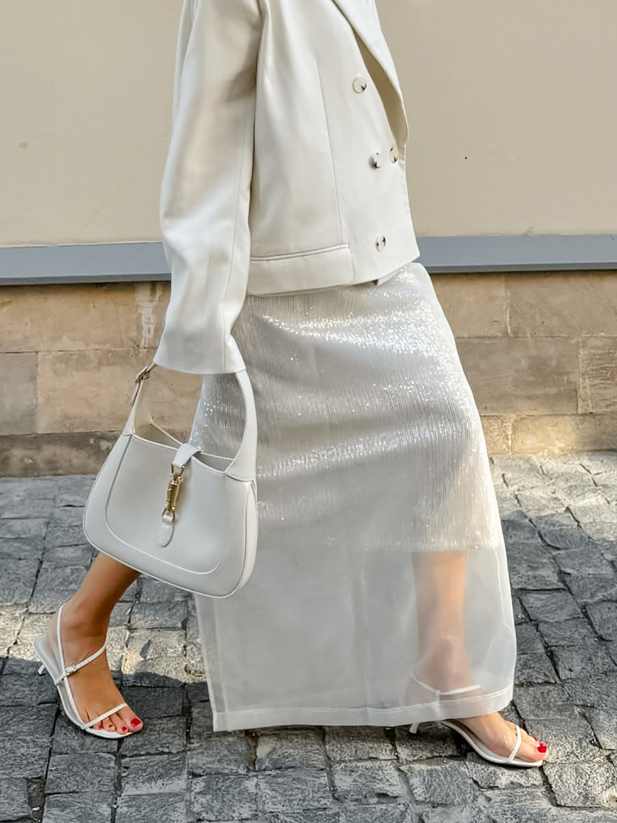 Sheer Organza Panel Midi Skirt - White - 9