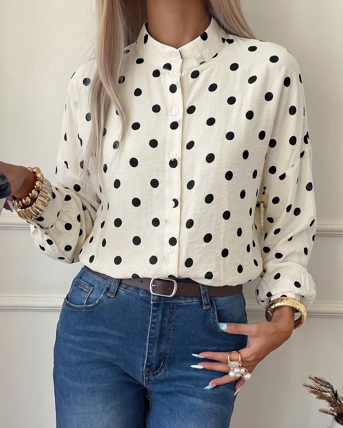 Spotted Mandarin Collar Long Sleeve Shirt - Apricot