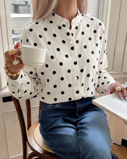 Spotted Mandarin Collar Long Sleeve Shirt - Apricot - 1